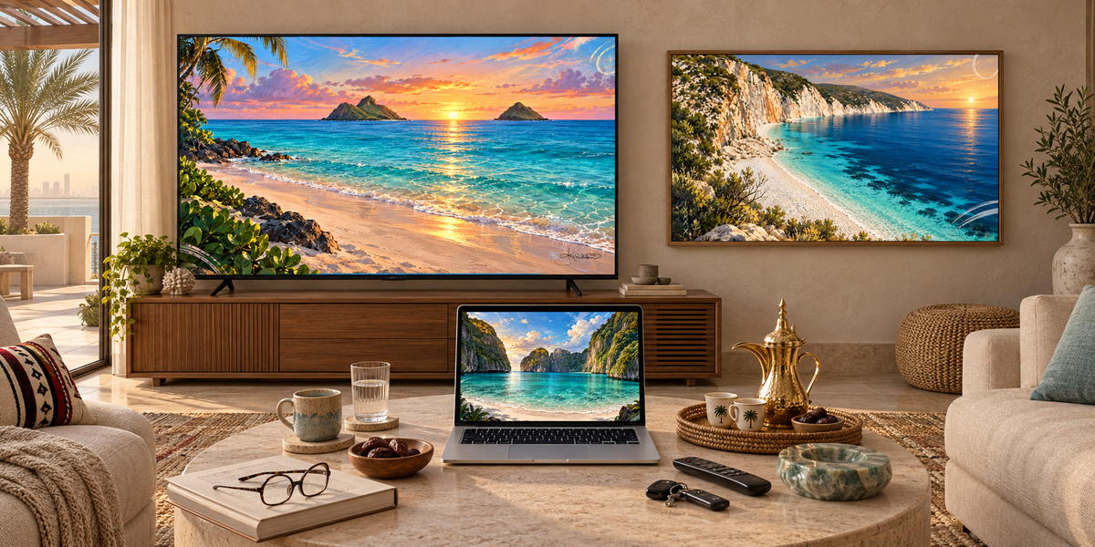 A living room with Dreamy Beach art on the screens: Lanikai Beach on the television, Fteri Beach framed on the wall beside it, and Maya Bay on the open laptop