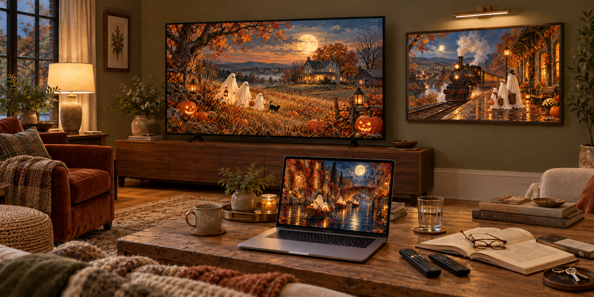 A cozy living room with Dreamy Halloween art on the screens: ghosts in a pumpkin field on the TV, a ghost train framed on the wall and ghost boats on a canal on the laptop