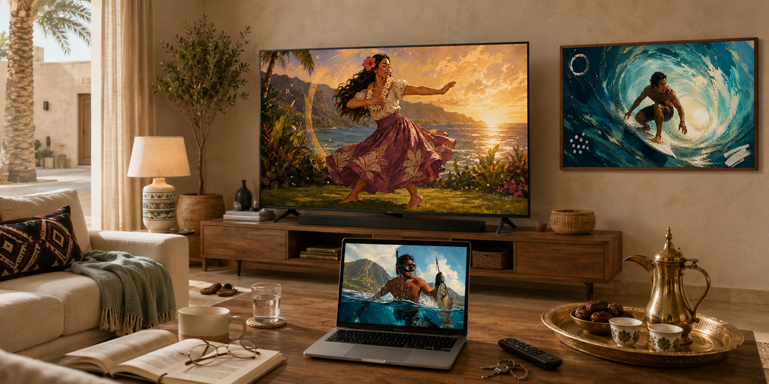 A living room with Dreamy Hawaiian Culture art on the screens: a hula ʻauana dancer at sunset on the television, a surfer deep inside the barrel in the framed piece beside it, and a spearfisher surfacing with his catch on the open laptop