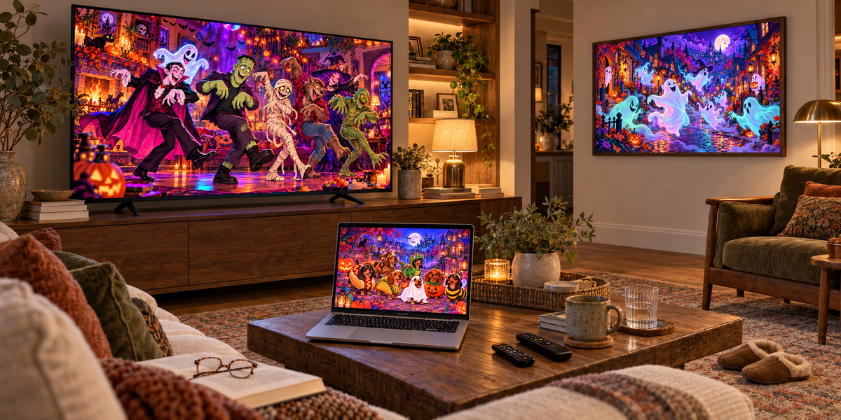 A cozy living room with Dreamy Halloween Haze art on the screens: a monster dance party on the TV, ghosts in a moonlit village on the framed screen and a dachshund costume parade on the laptop