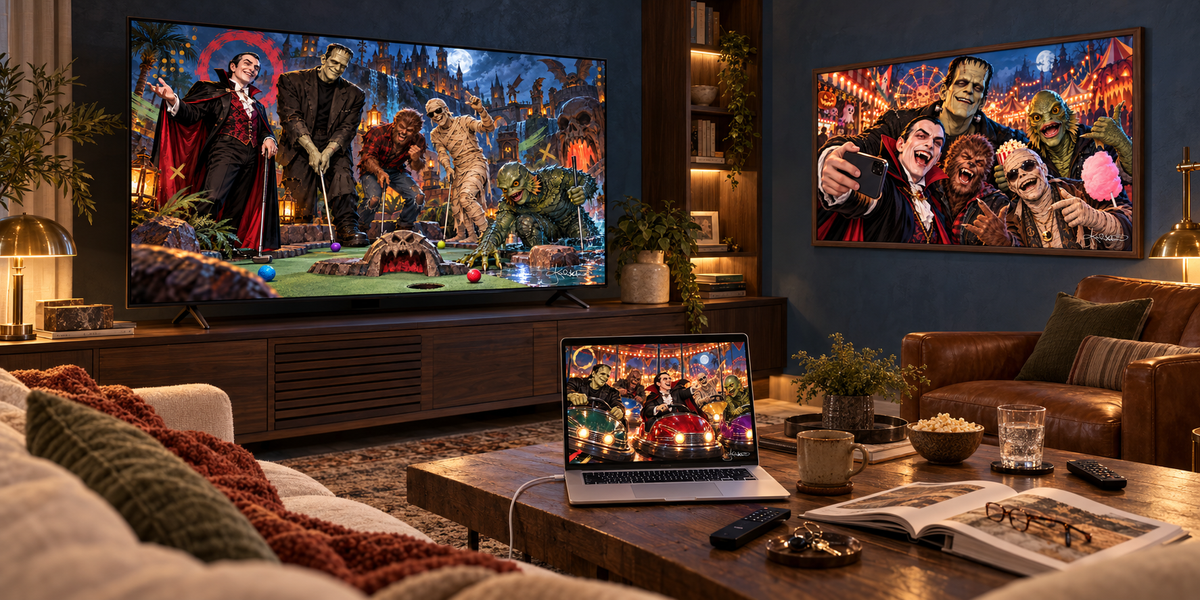 A cozy living room with Dreamy Monster Squad art on the screens: mini-golf under the moon on the TV, a carnival selfie on the framed screen and bumper cars on the laptop