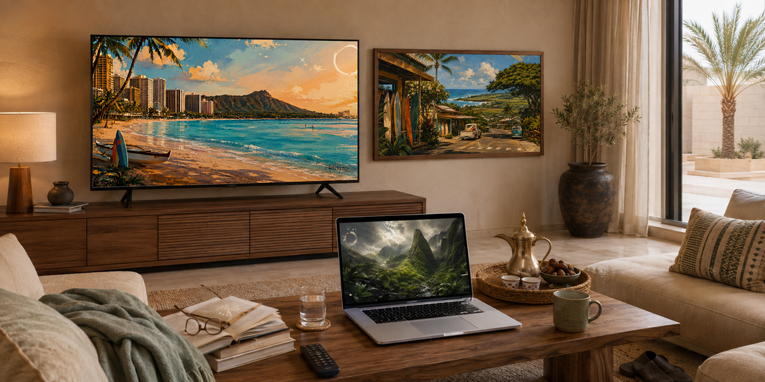 A warm living room with Dreamy Hawaii art on the screens: Waikīkī Beach and Lēʻahi at sunset on the television, the Haleʻiwa surf shop in the framed piece beside it, and ʻĪao Valley on the open laptop