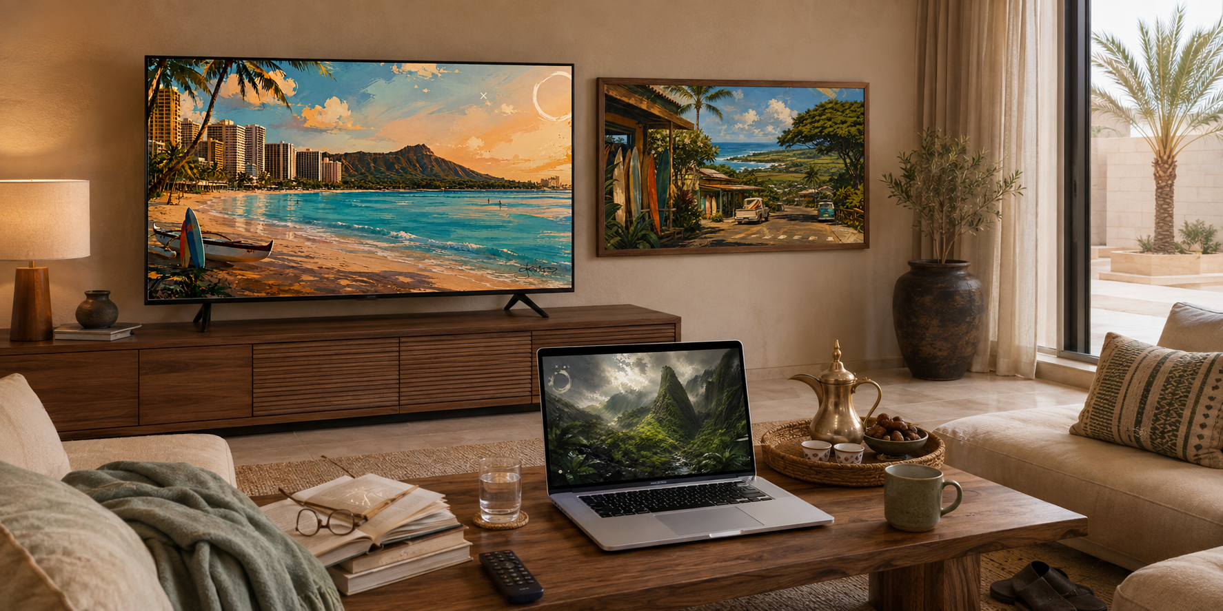 A warm living room with Dreamy Hawaii art on the screens: Waikīkī Beach and Lēʻahi at sunset on the television, the Haleʻiwa surf shop in the framed piece beside it, and ʻĪao Valley on the open laptop