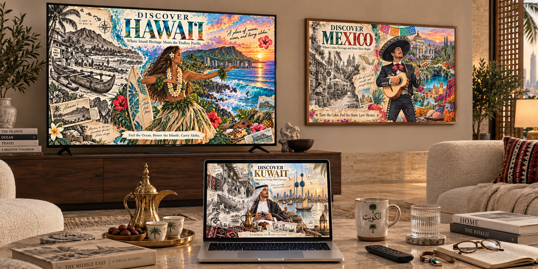 A living room with Dreamy Post Card art on the screens: the Hawai'i post card on the television, Mexico framed on the wall beside it, and Kuwait on the open laptop