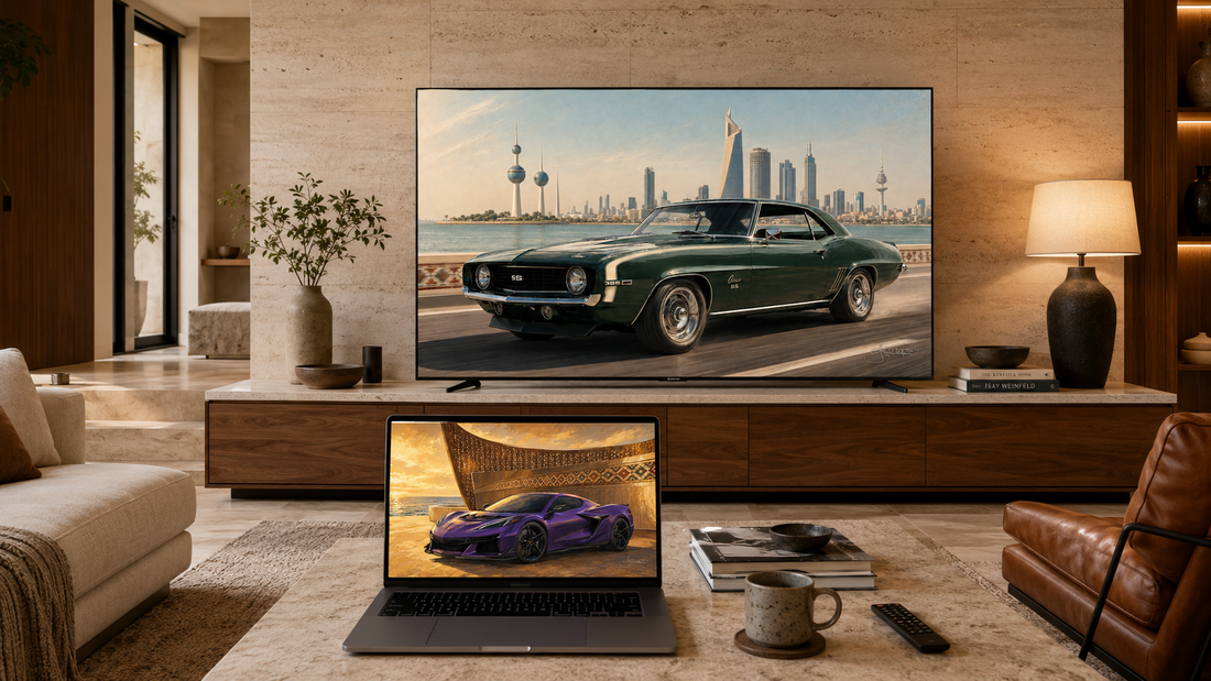 A warm travertine living room with two Dreamy Car pieces running on screens: the green 1969 Camaro against the Kuwait skyline on the television, and the purple Corvette ZR1 on the open laptop