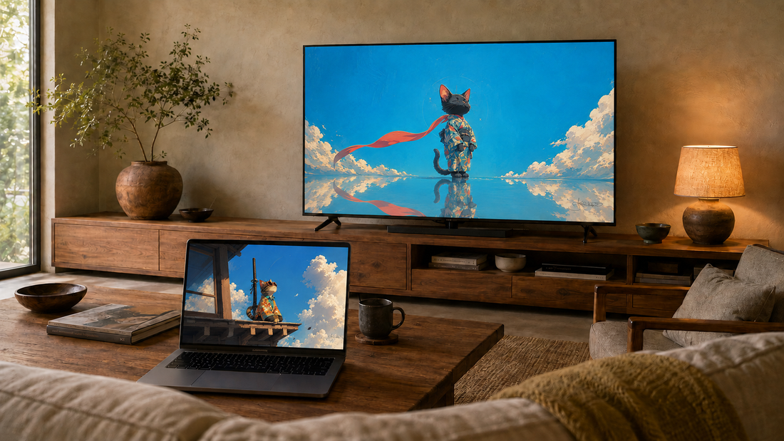 A warm living room with two Dreamy Kitty pieces running on screens: a black cat in a kimono with a red scarf on the television, and a tabby cat on a roof beam on the open laptop