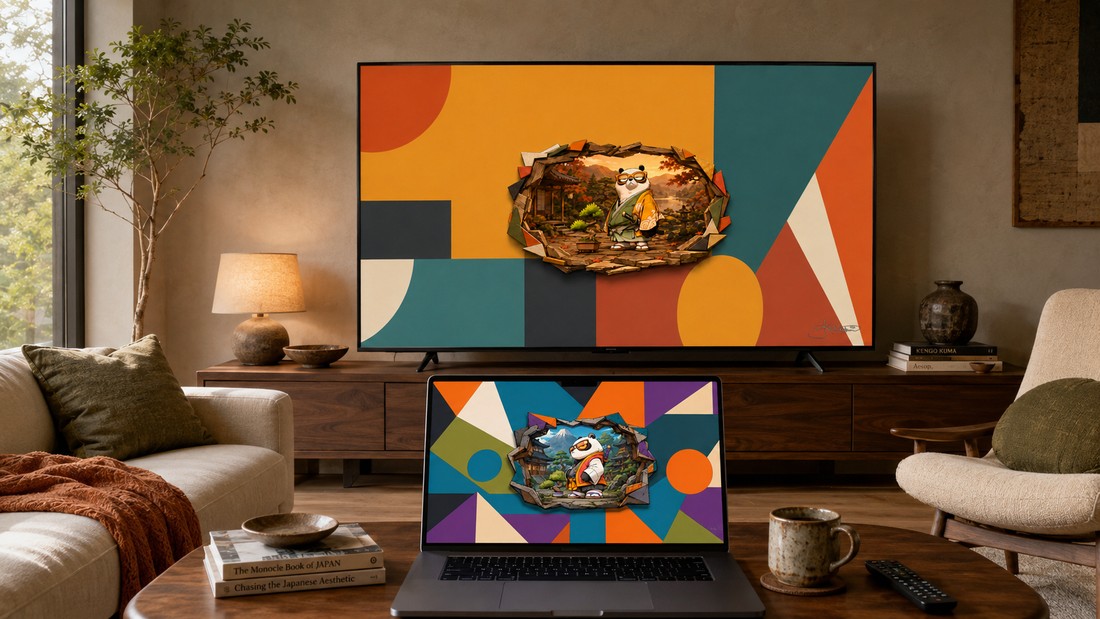A warm living room with two Dreamy Panda pieces running on screens: a panda in an autumn garden on the television, and a panda below snowy peaks on the open laptop