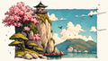 Cliffside pagoda under a cherry blossom tree above a blue sea. Same Ocean 4K desktop wallpaper by Dreams On Kanvas
