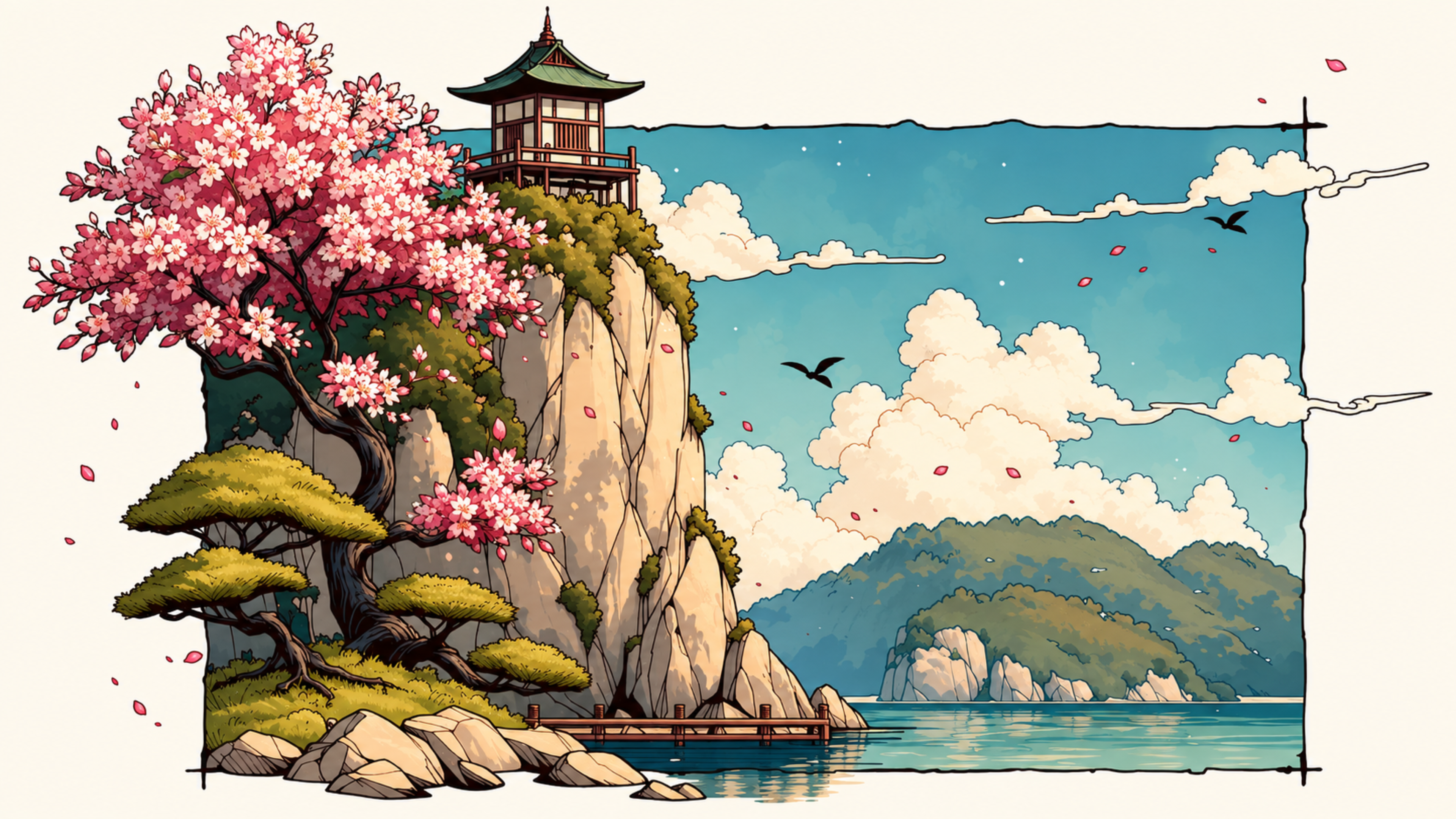 Cliffside pagoda under a cherry blossom tree above a blue sea. Same Ocean 4K desktop wallpaper by Dreams On Kanvas