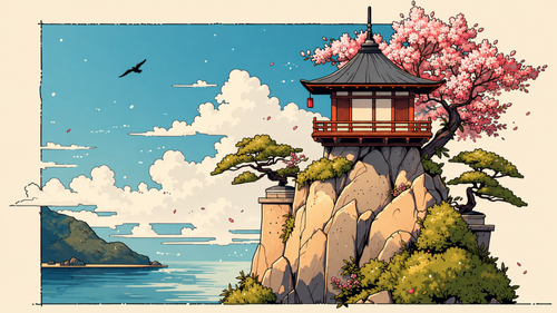 Japanese lookout on a sea cliff with open ocean and drifting clouds. Same Ocean 4K desktop wallpaper by Dreams On Kanvas