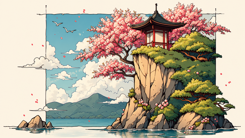 Small pagoda on a rock island with blossom and distant mountains. Same Ocean 4K desktop wallpaper by Dreams On Kanvas