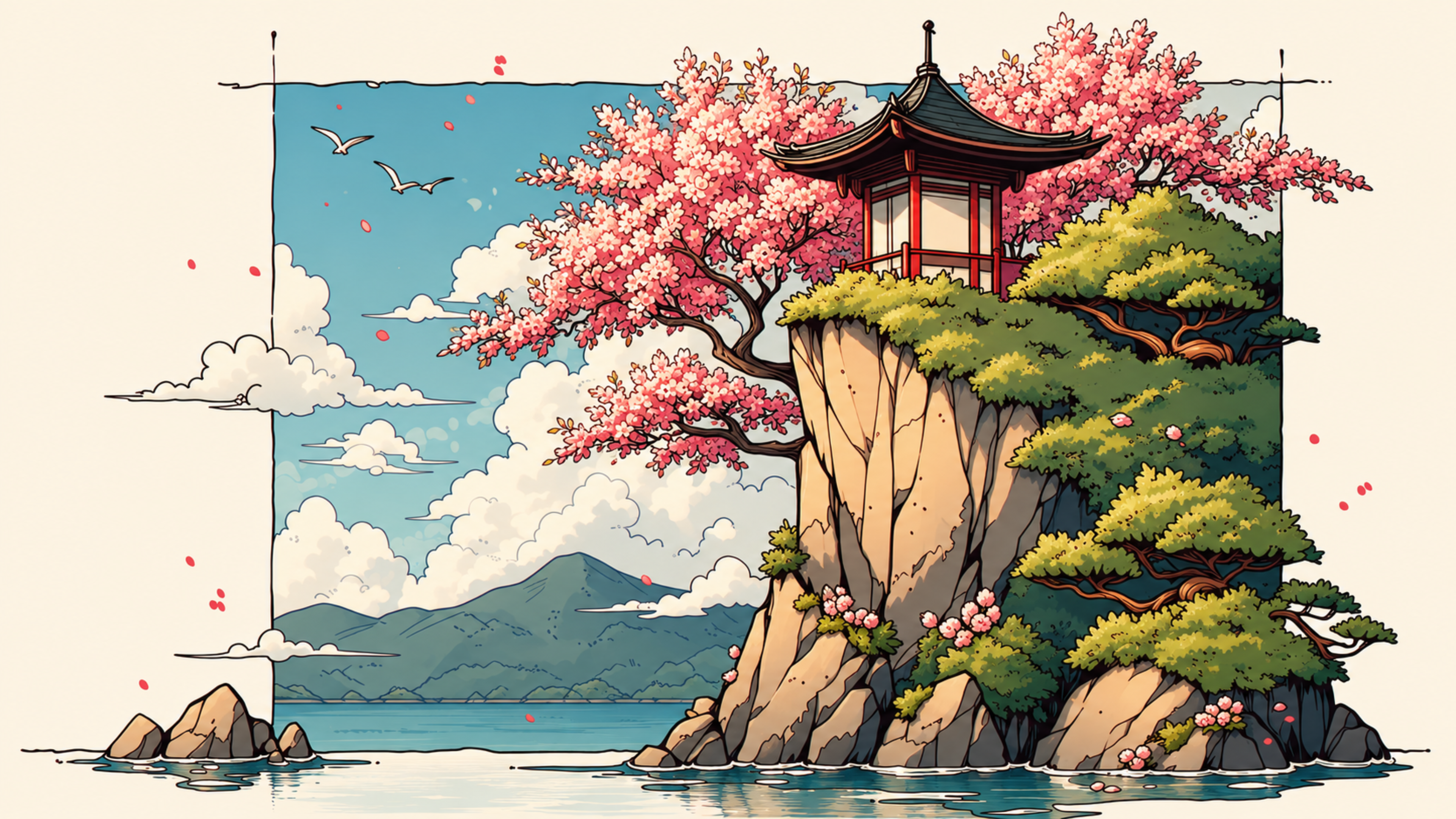 Small pagoda on a rock island with blossom and distant mountains. Same Ocean 4K desktop wallpaper by Dreams On Kanvas