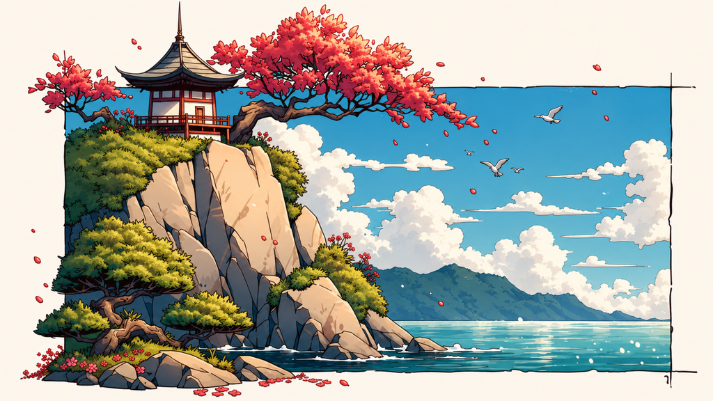 Red maple and a small pagoda on a sea cliff with gulls over a calm bay. Same Ocean 4K desktop wallpaper by Dreams On Kanvas