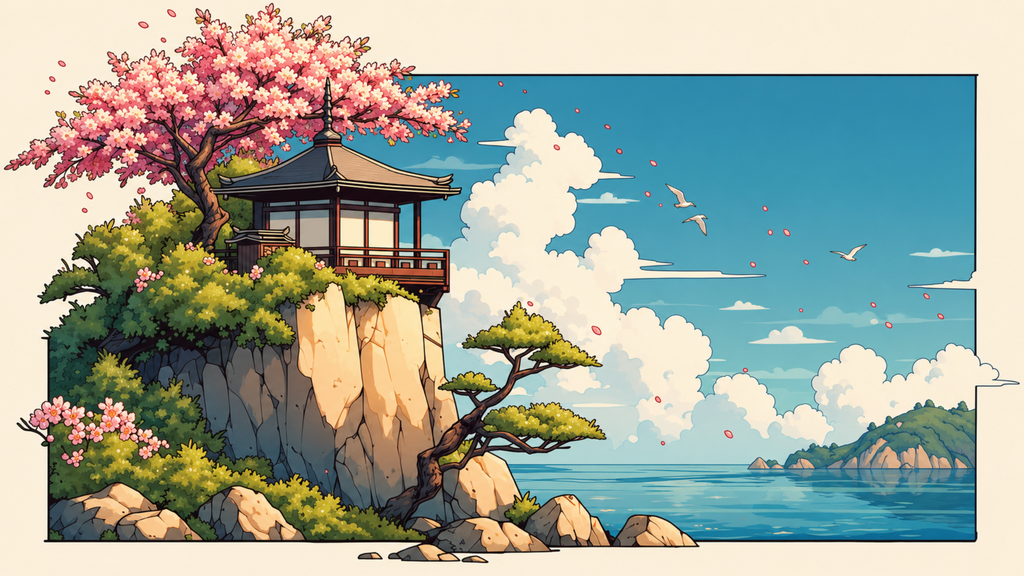 Cherry blossom in full bloom above a cliffside lookout, open water and a far island. Same Ocean 4K desktop wallpaper by Dreams On Kanvas