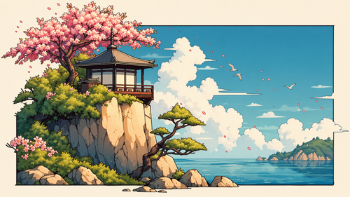 Cherry blossom in full bloom above a cliffside lookout, open water and a far island. Same Ocean 4K desktop wallpaper by Dreams On Kanvas