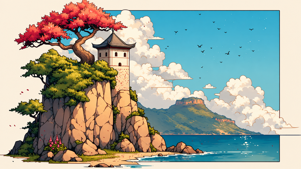 Stone tower on a headland under a red maple, birds over the bay and a beach below. Same Ocean 4K desktop wallpaper by Dreams On Kanvas