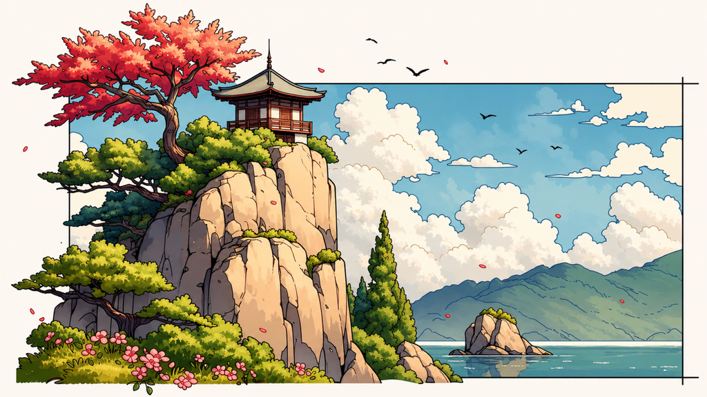 Pagoda high on a tall cliff with red maple and cypress, blue mountains across the water. Same Ocean 4K desktop wallpaper by Dreams On Kanvas