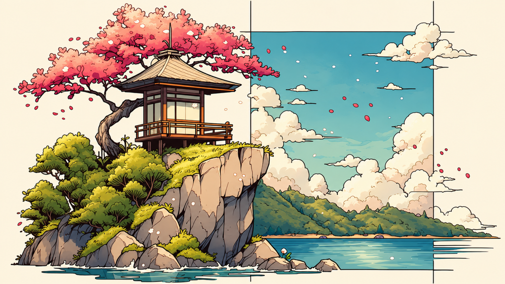 Blossom tree over a lantern lit pavilion on a rock, tall clouds and a pale beach. Same Ocean 4K desktop wallpaper by Dreams On Kanvas