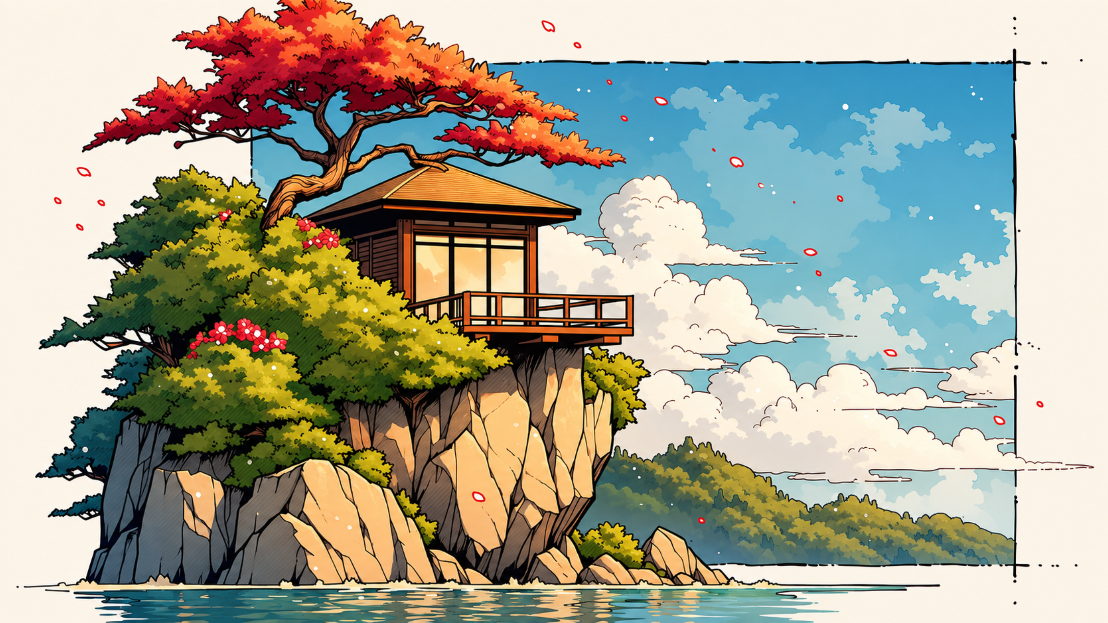 Wooden lookout with a balcony under an orange maple, forested headland beyond. Same Ocean 4K desktop wallpaper by Dreams On Kanvas