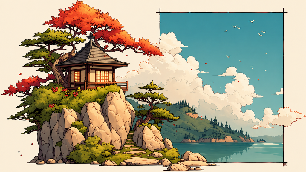 Lit cabin on a rock outcrop under autumn maple, pine coast reflected in still water. Same Ocean 4K desktop wallpaper by Dreams On Kanvas