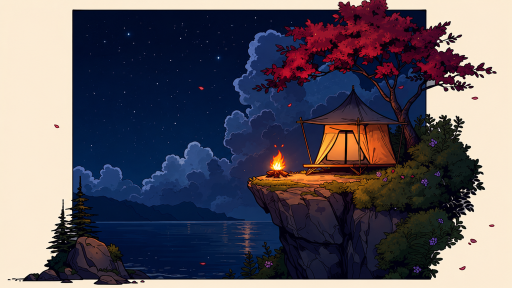 Night camp on a cliff edge, campfire and lantern lit tent under a starry sky. Same Ocean 4K desktop wallpaper by Dreams On Kanvas