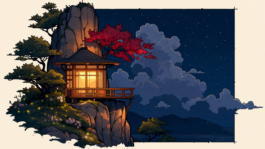 Pagoda glowing from within at night with fireflies rising through the grass. Same Ocean 4K desktop wallpaper by Dreams On Kanvas