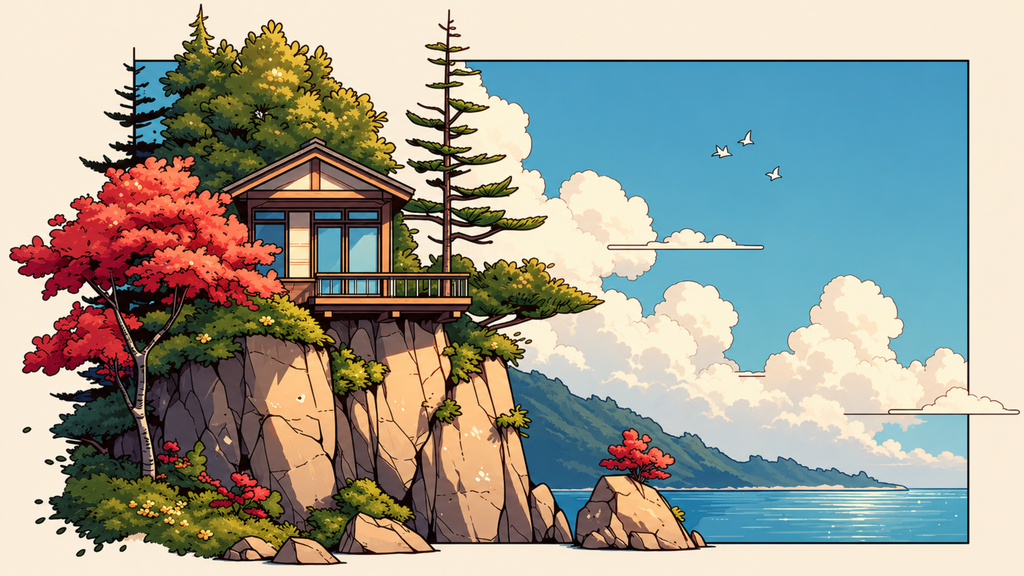 Modern cabin with tall windows among pines and red maple on a coastal cliff. Same Ocean 4K desktop wallpaper by Dreams On Kanvas