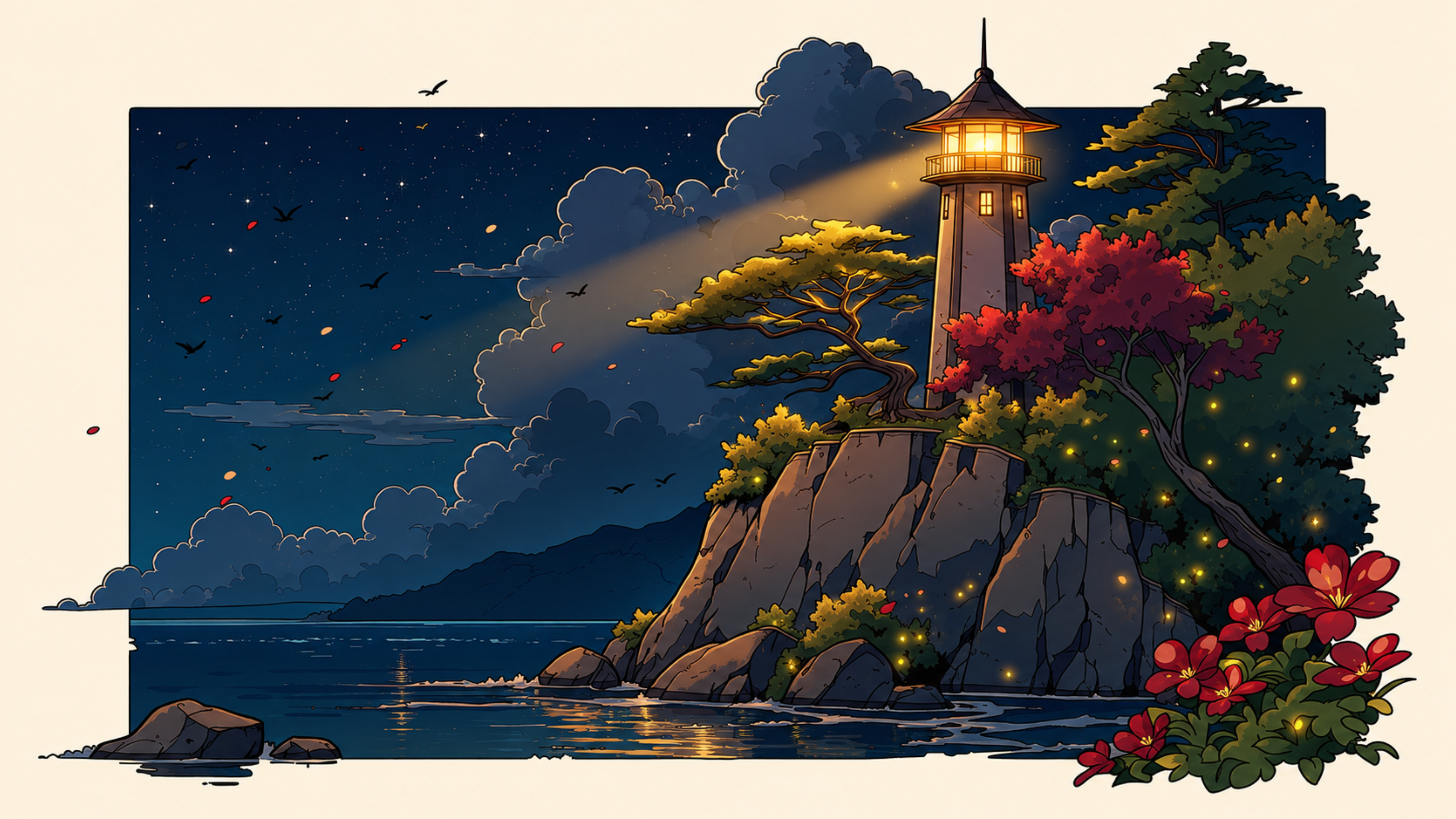 Lighthouse sweeping its beam across a starlit bay, fireflies over the rocks. Same Ocean 4K desktop wallpaper by Dreams On Kanvas