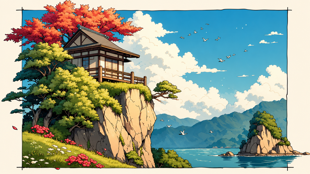 Wooden house on a grassy clifftop under red maple, mountains and a rock island offshore. Same Ocean 4K desktop wallpaper by Dreams On Kanvas