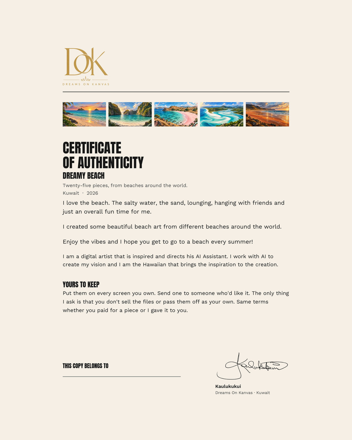 The signed certificate of authenticity included with the Dreamy Beach collection