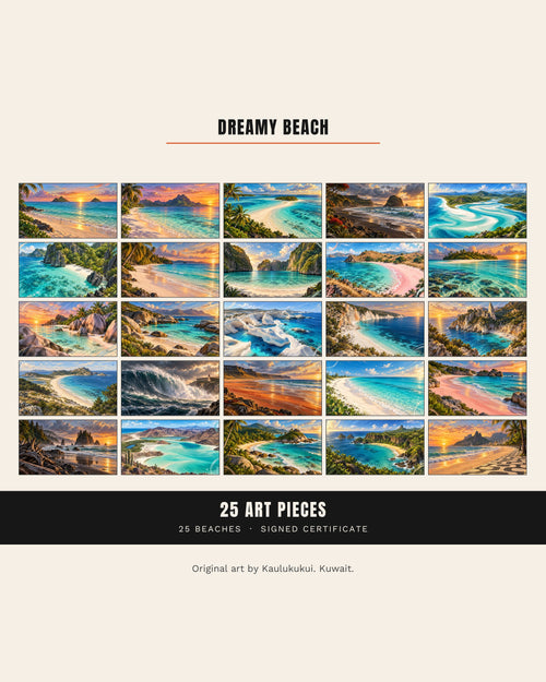 Dreamy Beach contact sheet, 25 4K art pieces, one for every beach