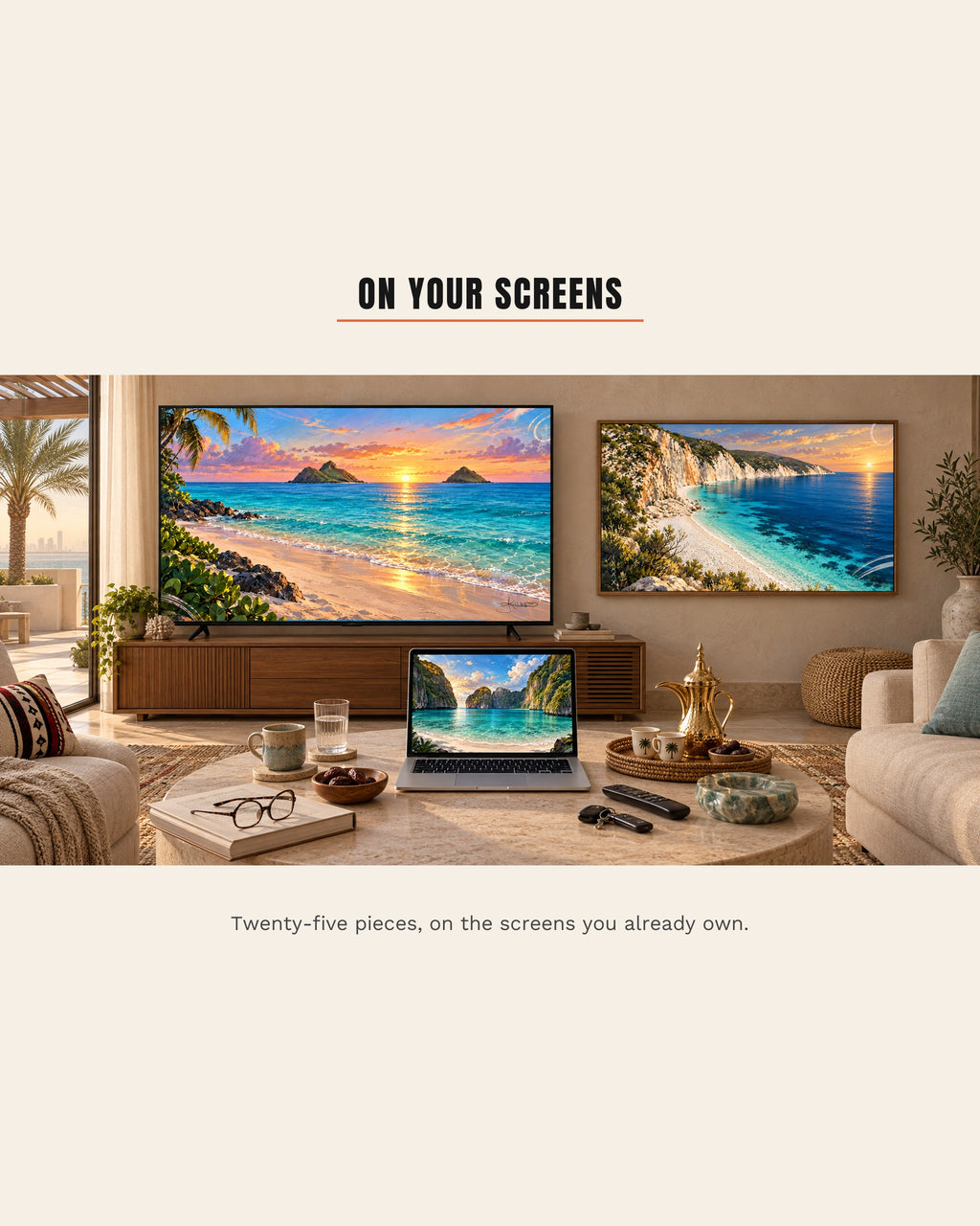 A living room with Lanikai Beach on the TV, Fteri Beach framed on the wall and Maya Bay on a laptop