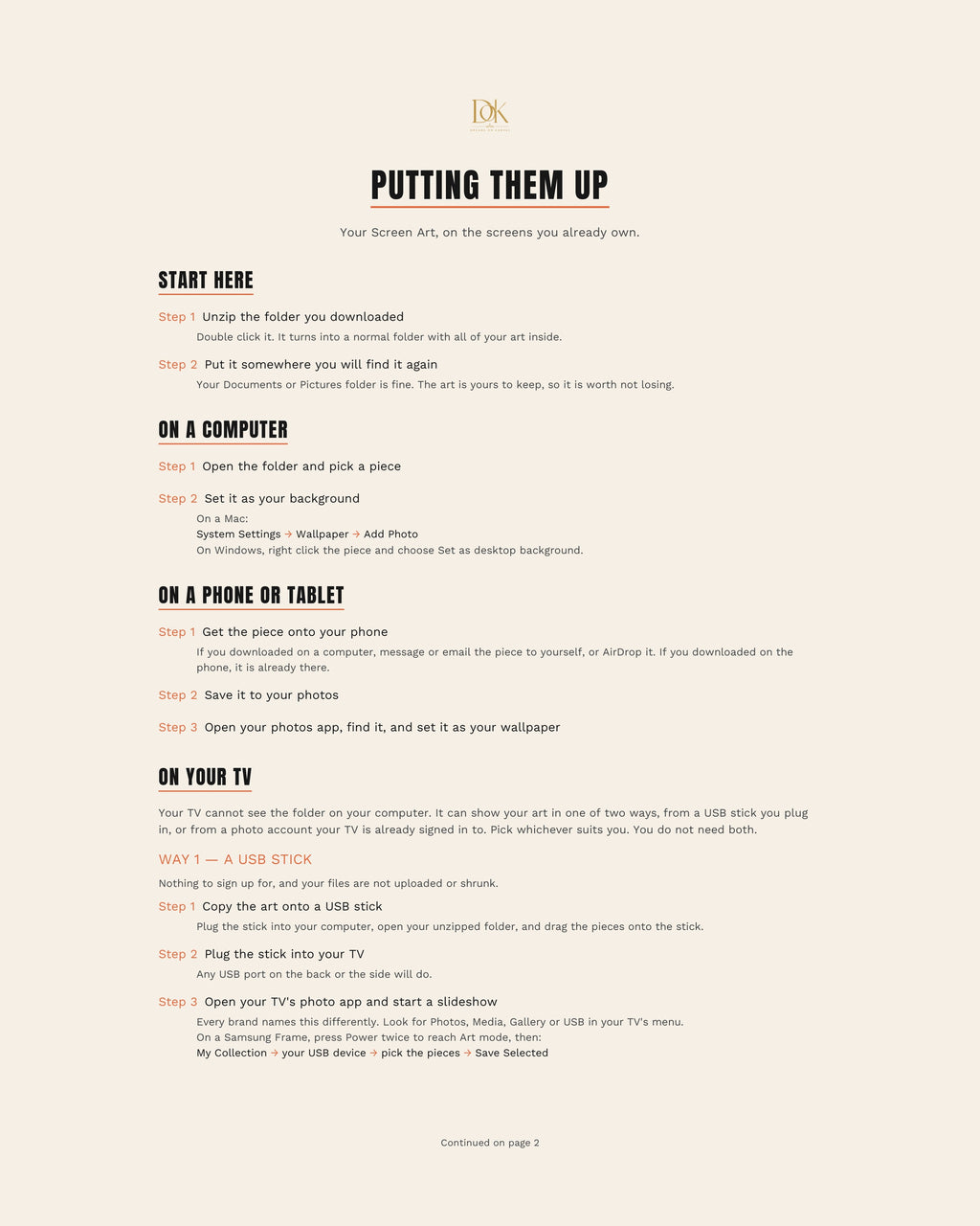 Putting Them Up, page 1: numbered steps for putting your Screen Art on a computer, a phone or tablet, and on a TV from a USB stick