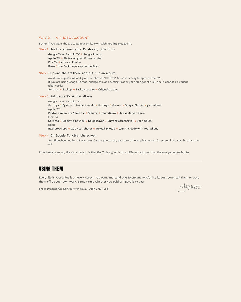 Putting Them Up, page 2: numbered steps for putting your Screen Art on a TV from a photo account, with the menu path for Google TV, Apple TV, Fire TV and Roku