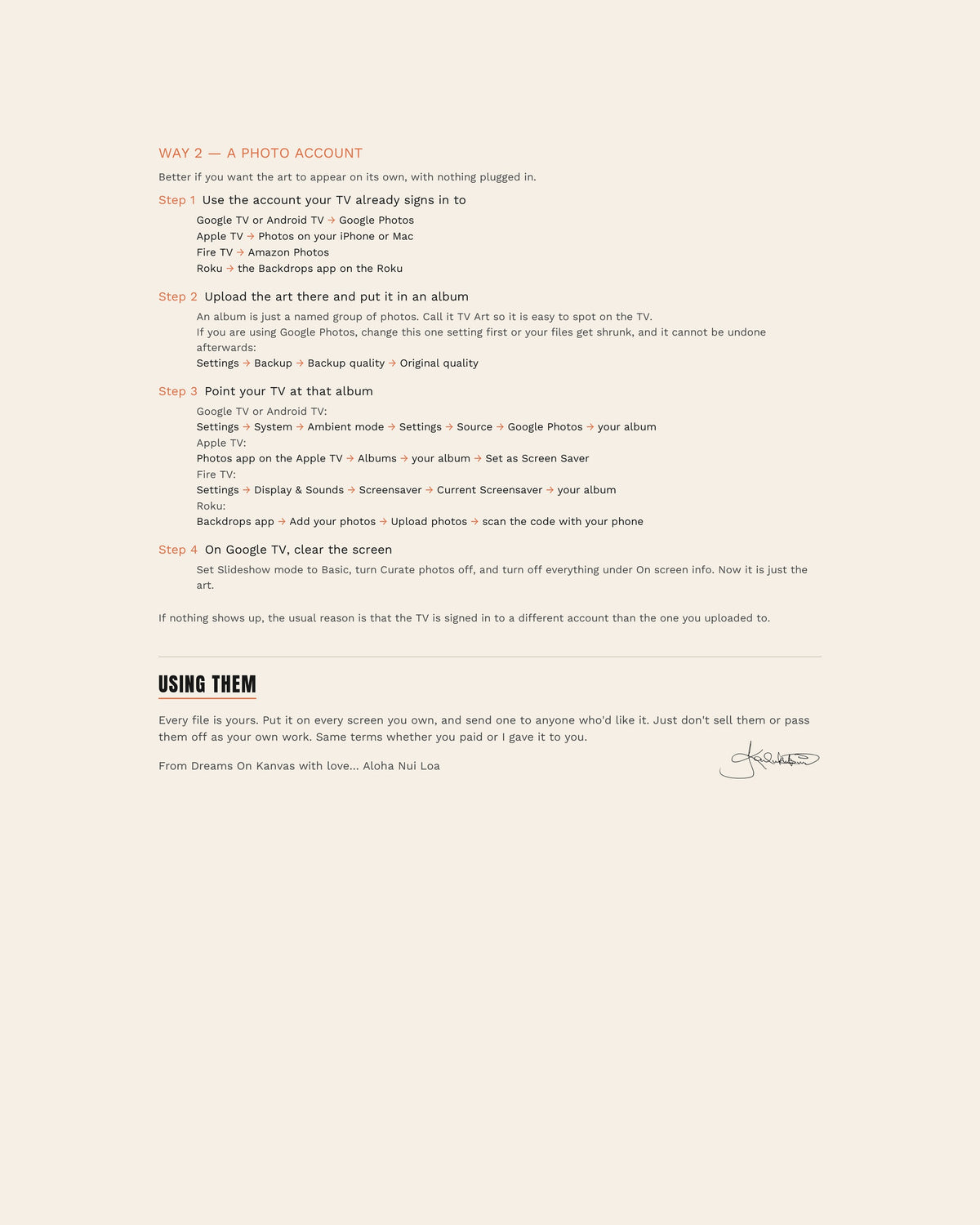 Putting Them Up, page 2: numbered steps for putting your Screen Art on a TV from a photo account, with the menu path for Google TV, Apple TV, Fire TV and Roku