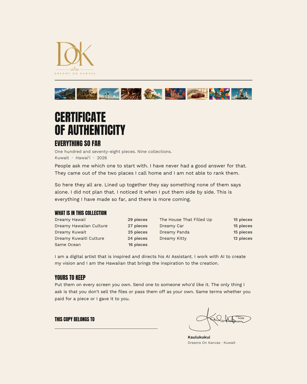 The signed certificate of authenticity included with Everything So Far, listing all nine collections and 178 pieces