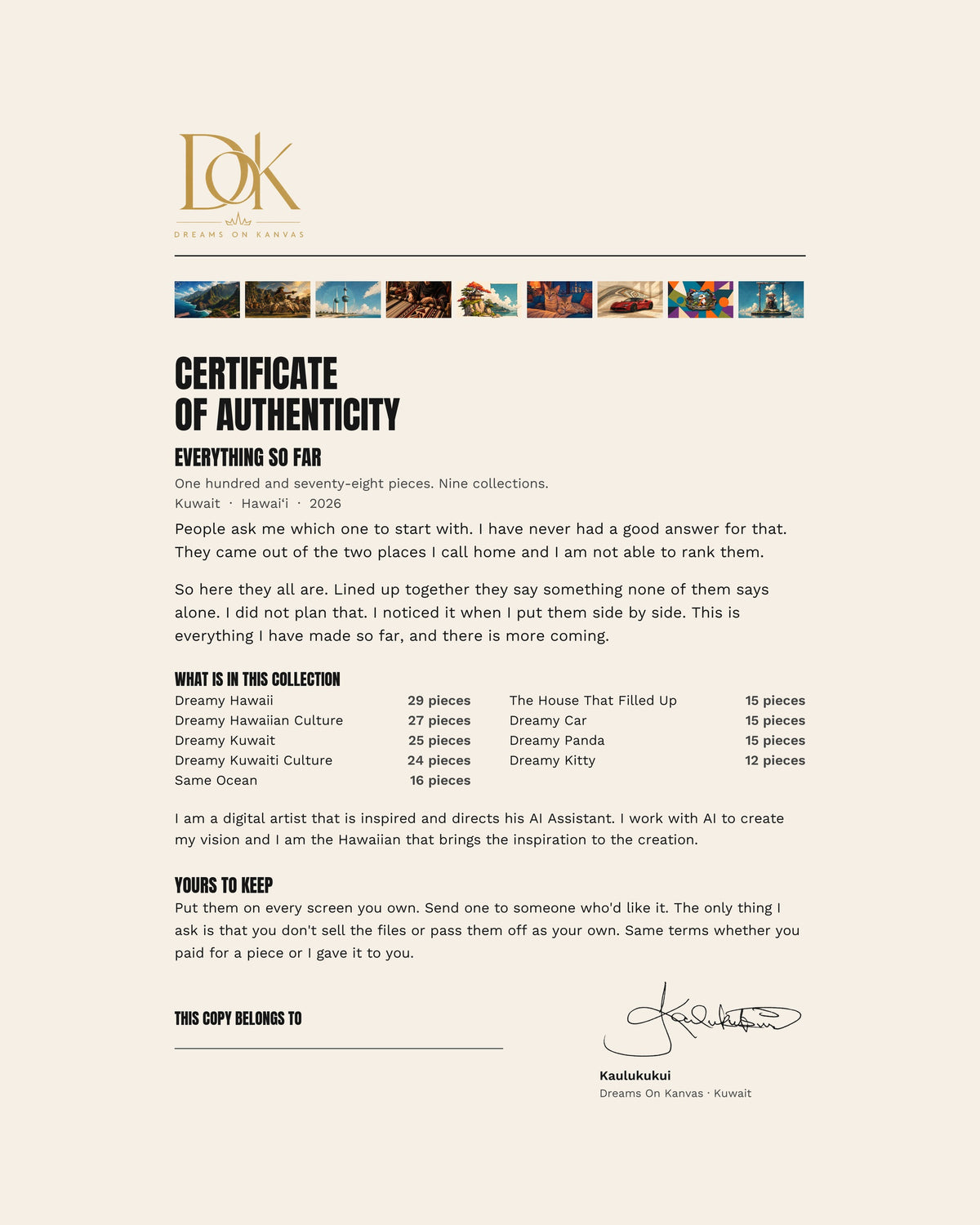 The signed certificate of authenticity included with Everything So Far, listing all nine collections and 178 pieces