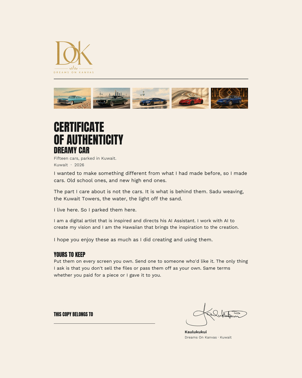 The signed certificate of authenticity included with the Dreamy Car collection