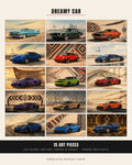 All fifteen Dreamy Car pieces shown together in a grid, classics first then modern, with the contents: 15 art pieces and a signed certificate
