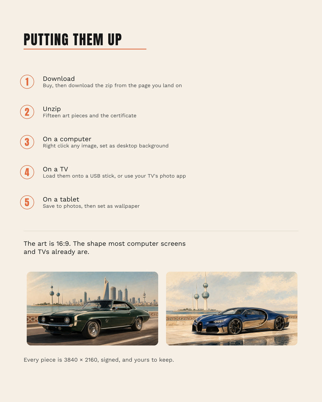 A five step guide to putting Dreamy Car on a computer, TV or tablet, with two of the art pieces shown alongside
