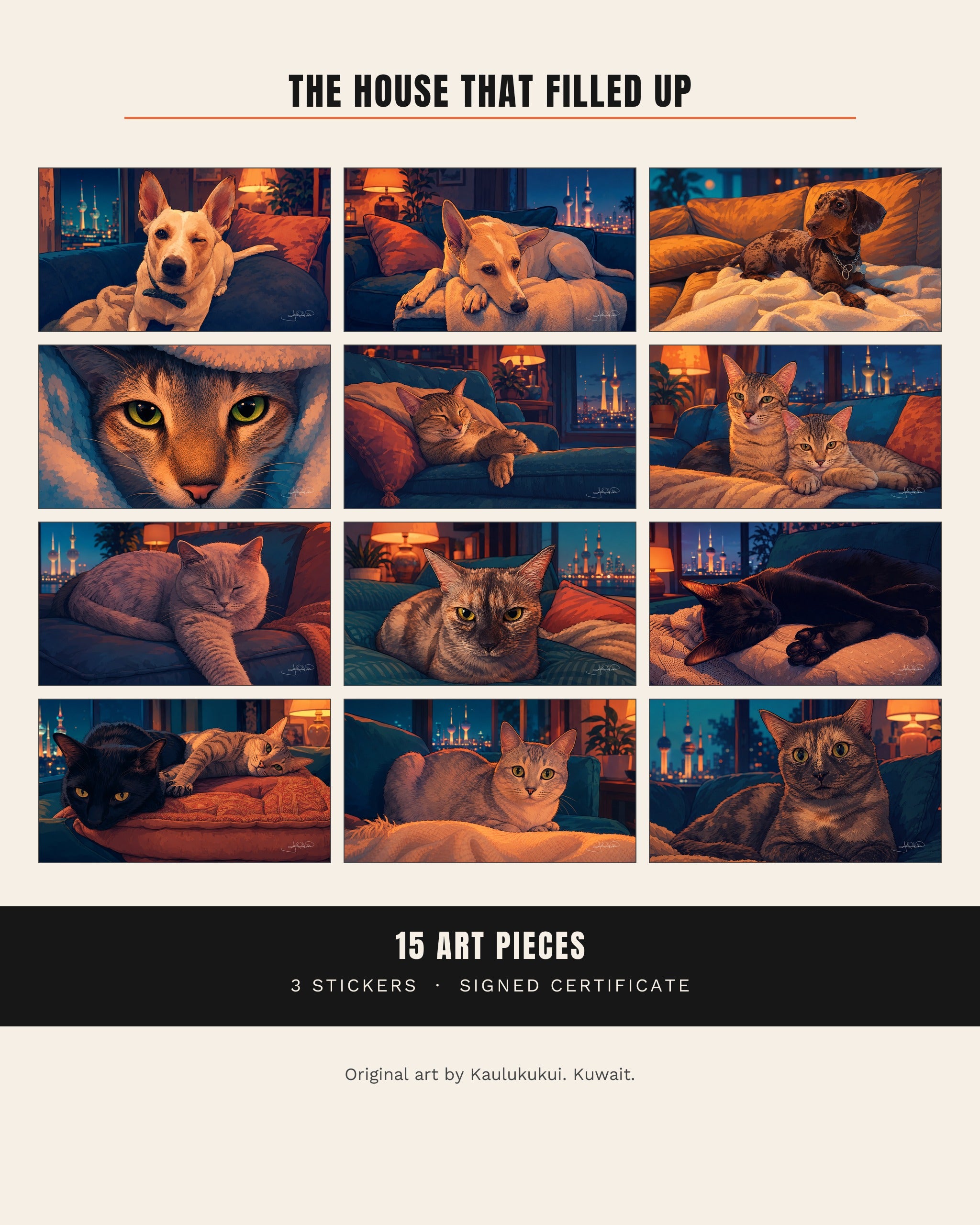 All twelve pieces from The House That Filled Up shown together in a grid, with the contents: 15 art pieces, 3 stickers and a signed certificate