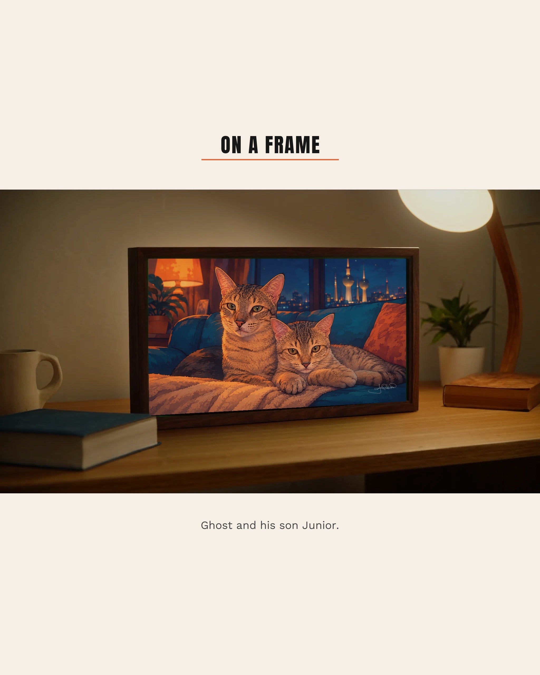 Ghost and his son Junior displayed on a wooden digital art frame on a lamplit side table