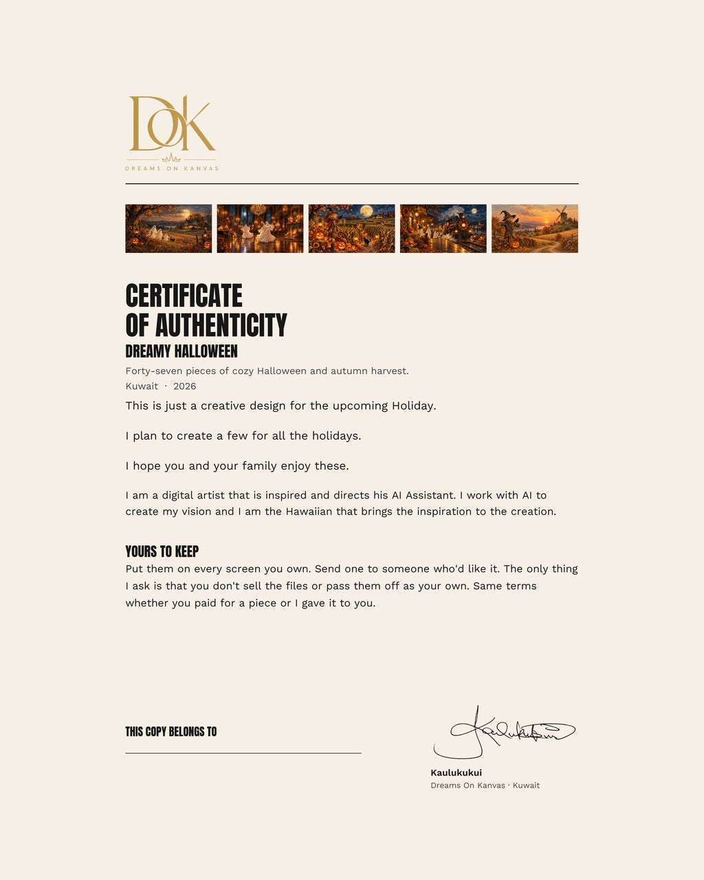 The signed certificate of authenticity included with the Dreamy Halloween collection