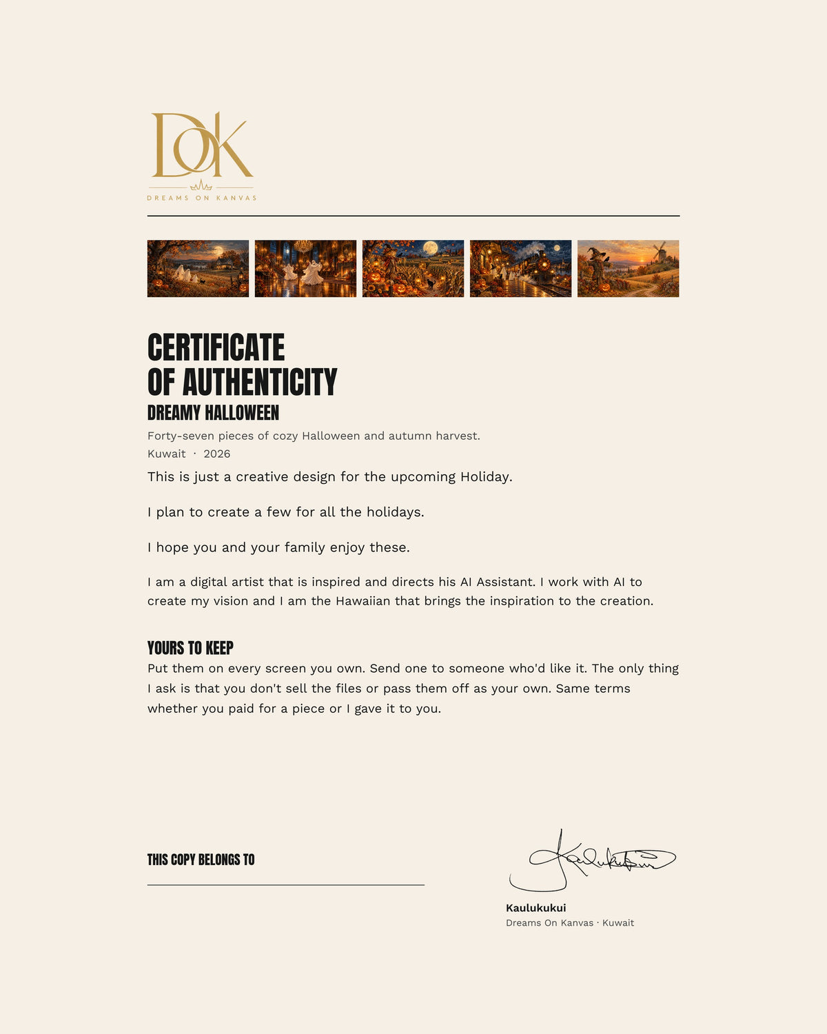 The signed certificate of authenticity included with the Dreamy Halloween collection