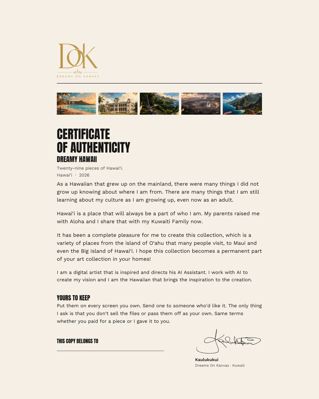Certificate of authenticity for the Dreamy Hawaii collection, signed by Kaulukukui