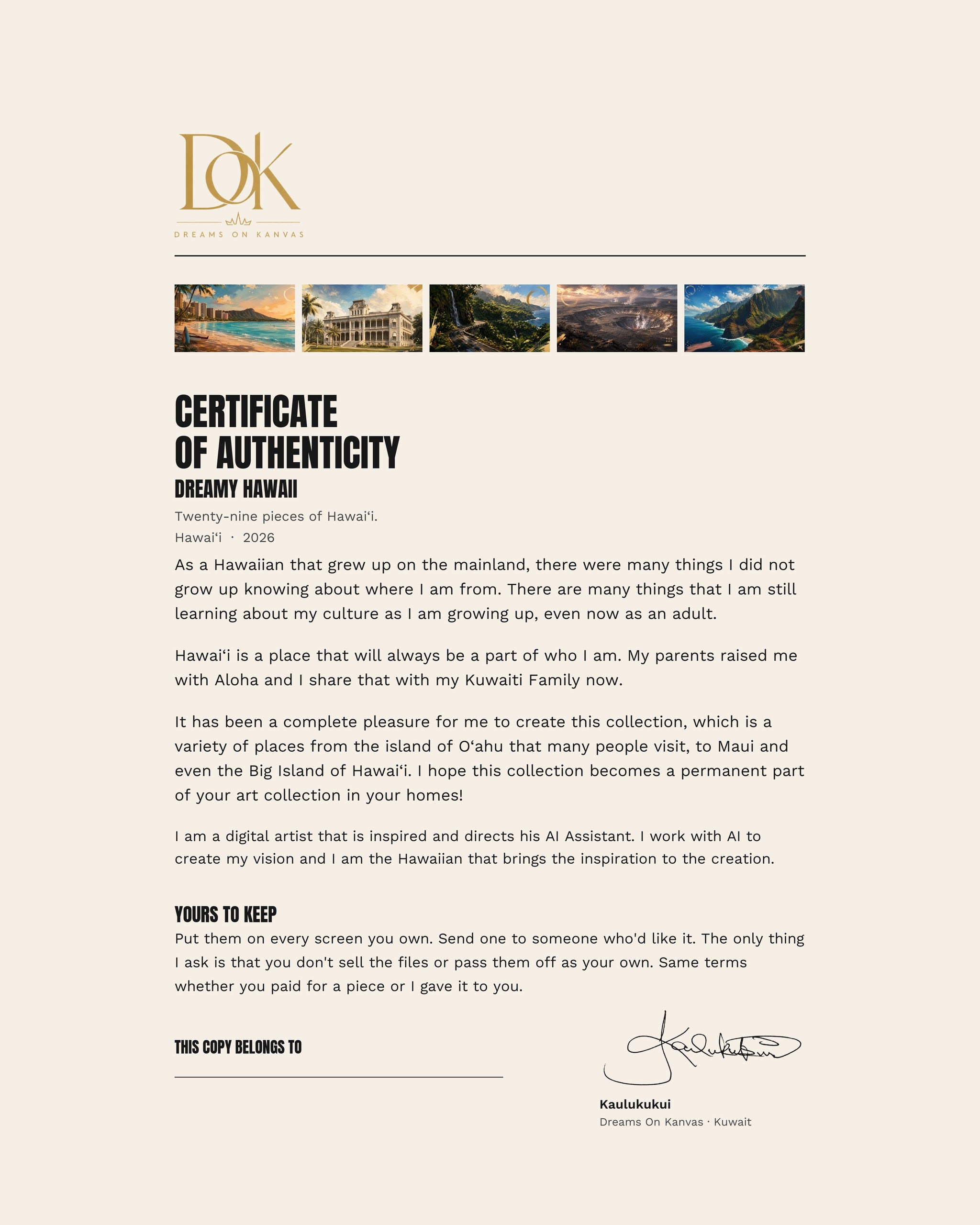 Certificate of authenticity for the Dreamy Hawaii collection, signed by Kaulukukui