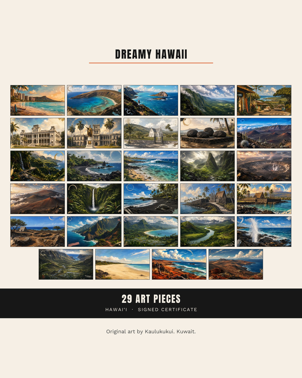 All twenty-nine Dreamy Hawaii pieces shown together in a grid, with the contents: 29 art pieces and a signed certificate