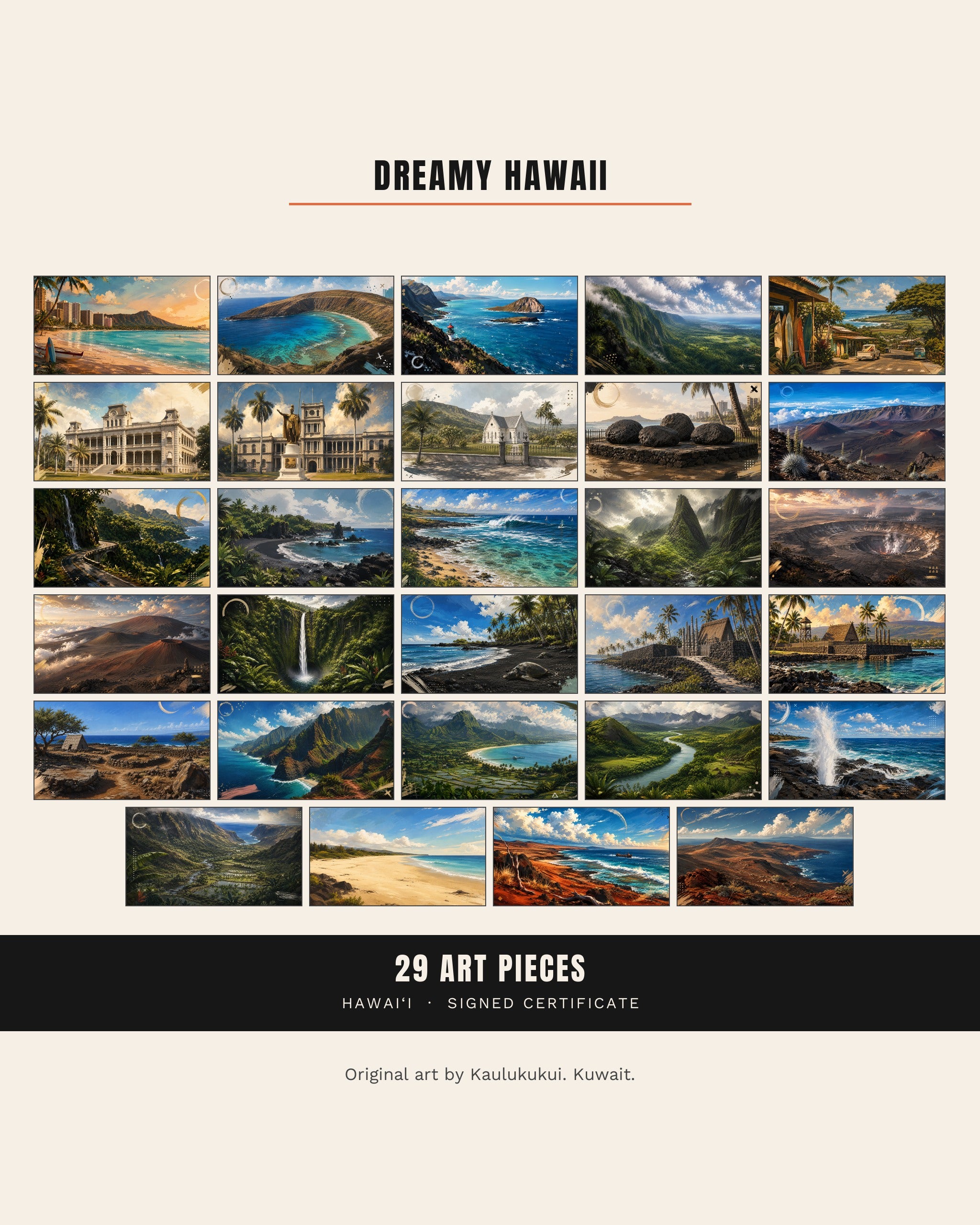 All twenty-nine Dreamy Hawaii pieces shown together in a grid, with the contents: 29 art pieces and a signed certificate