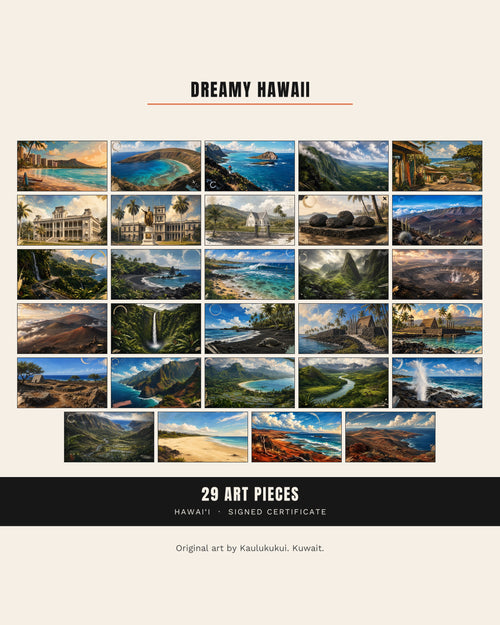 All twenty-nine Dreamy Hawaii pieces shown together in a grid, with the contents: 29 art pieces and a signed certificate