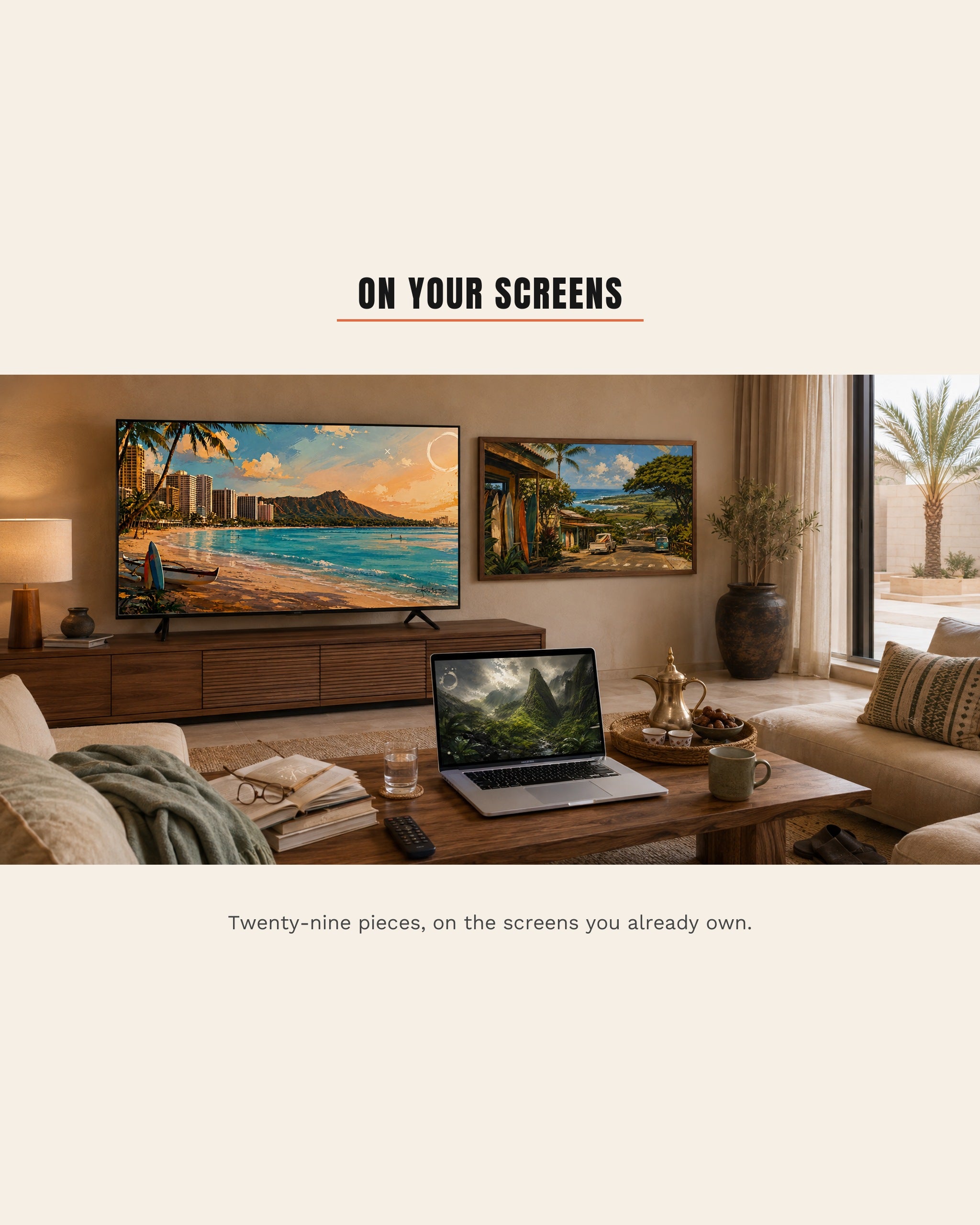 Dreamy Hawaii art running on the screens in a living room: Waikīkī Beach with Diamond Head on the wall-mounted TV, a North Shore surf shop in the framed piece beside it and ʻĪao Valley on the open laptop